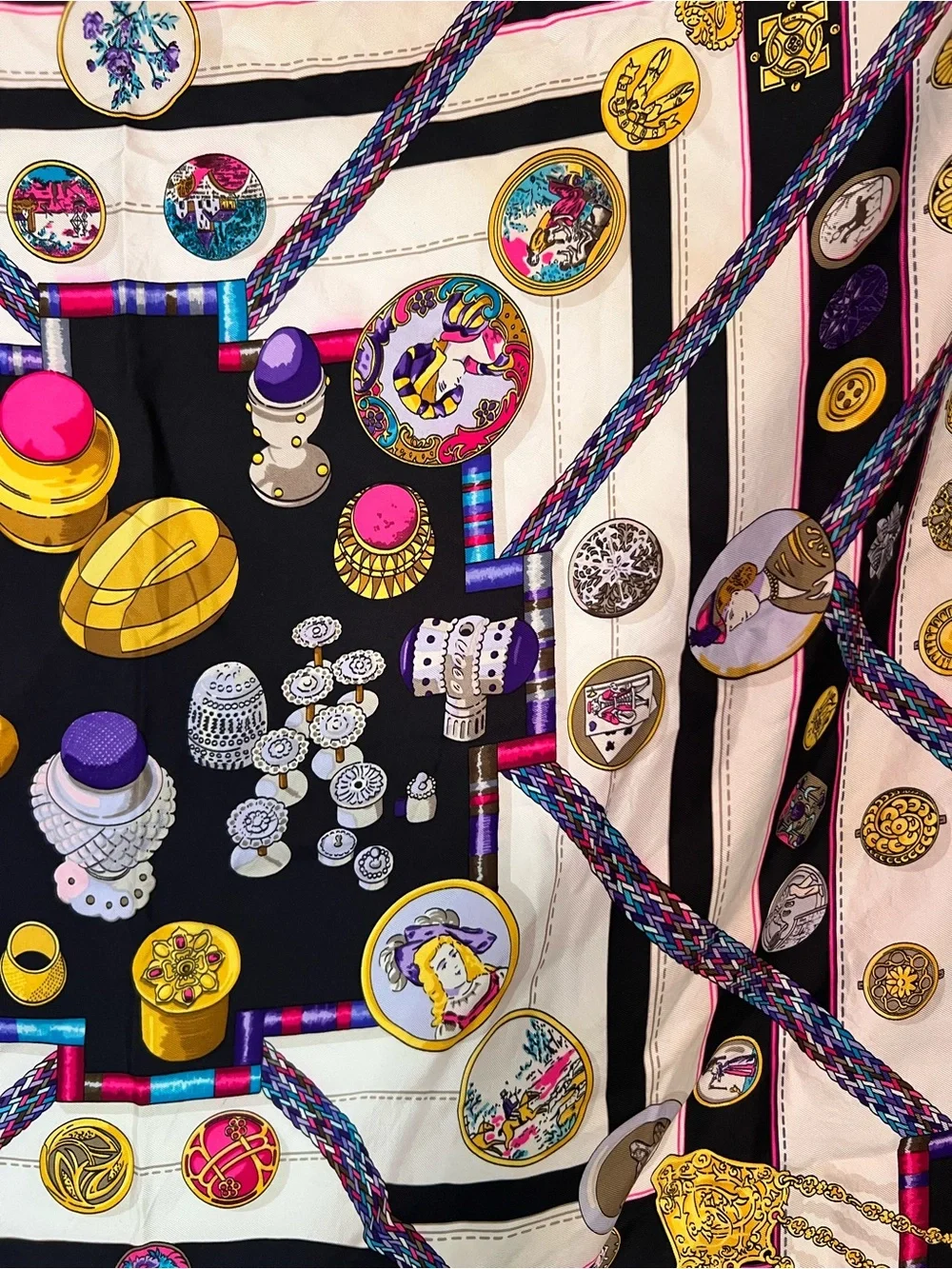 Hermes Black, White, Gold, Purple & Pink Silk Scarf